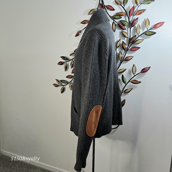 VTG RARE Ralph Lauren Rugby Gray Cardigan Men Size L Shetland Wool Elbow Patches - Picture 3 of 16
